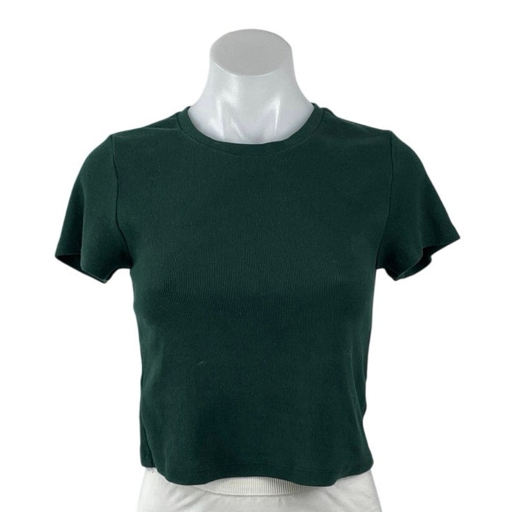 Aritzia TNA Home Stretch Green Knit Sculpt Short Sleeve T Shirt Crop Top Size M