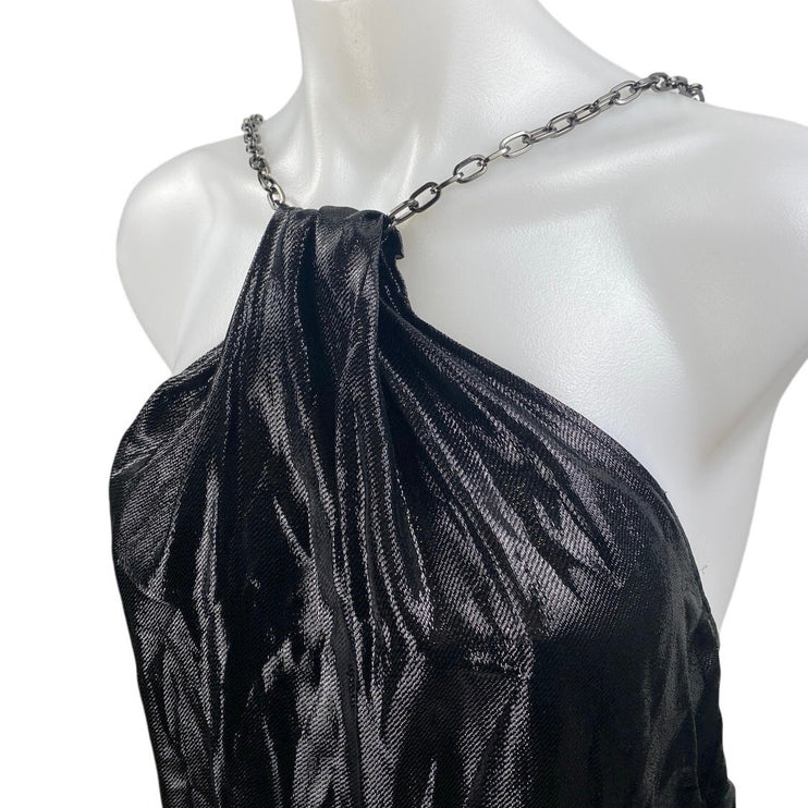 Women's Black Metallic Halter Chain Open Back Sleeveless Shimmer Blouse Top S