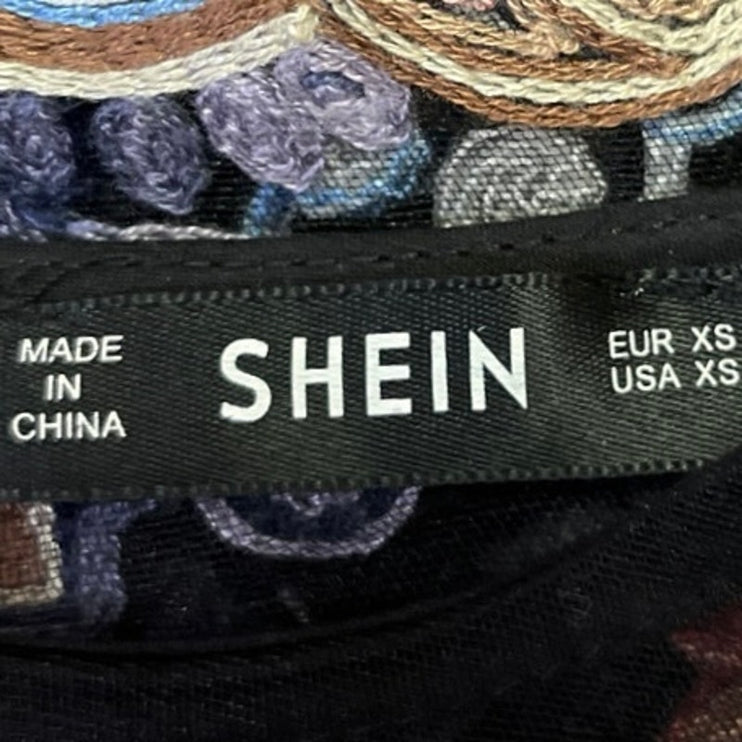 Shein Women's Blue Mesh Sheer Paisley Embroidered Boho Crop Blouse Top Size XS