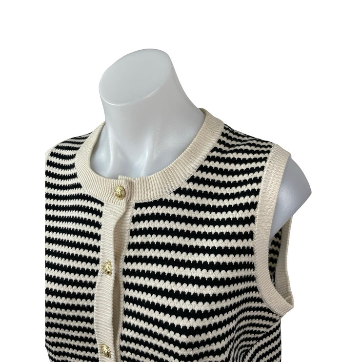 Adrianna Papell Cream Black Striped Knit Sleeveless Button Up Cardigan Sweater M