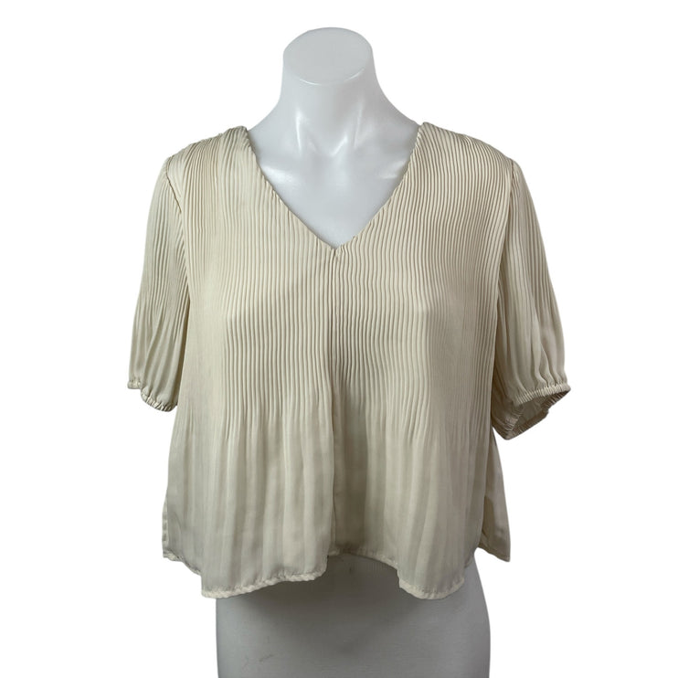 Lulus Women's Beige Short Sleeve Ribbed Knit V Neck Boxy Loose Blouse Top Size S