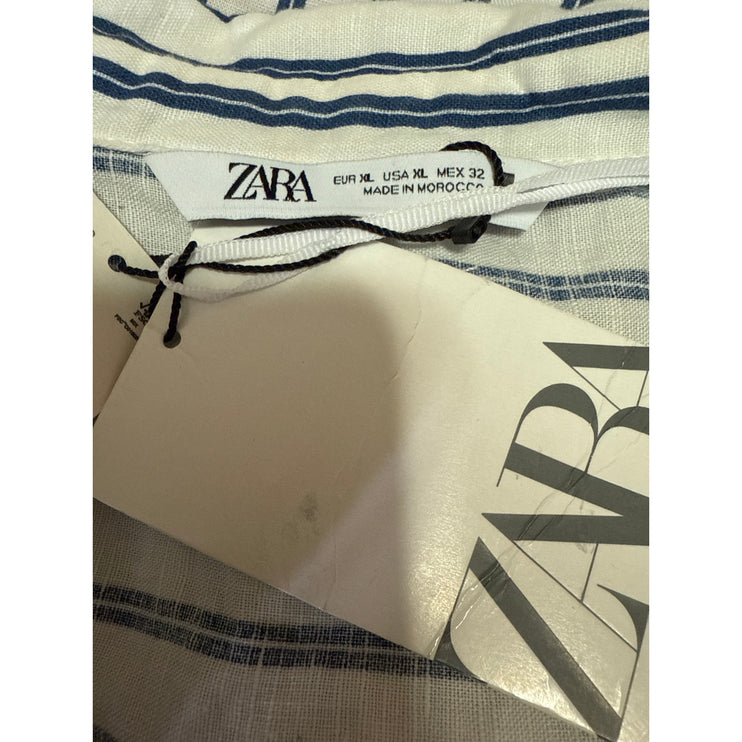 NEW Zara White Blue Striped Short Sleeve Button Pockets Crop Shirt Blouse Top XL