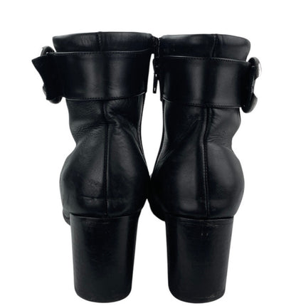 PB Women's Black Leather Almond Toe Buckle Strap Zip Chelsea Ankle Boots Size 8