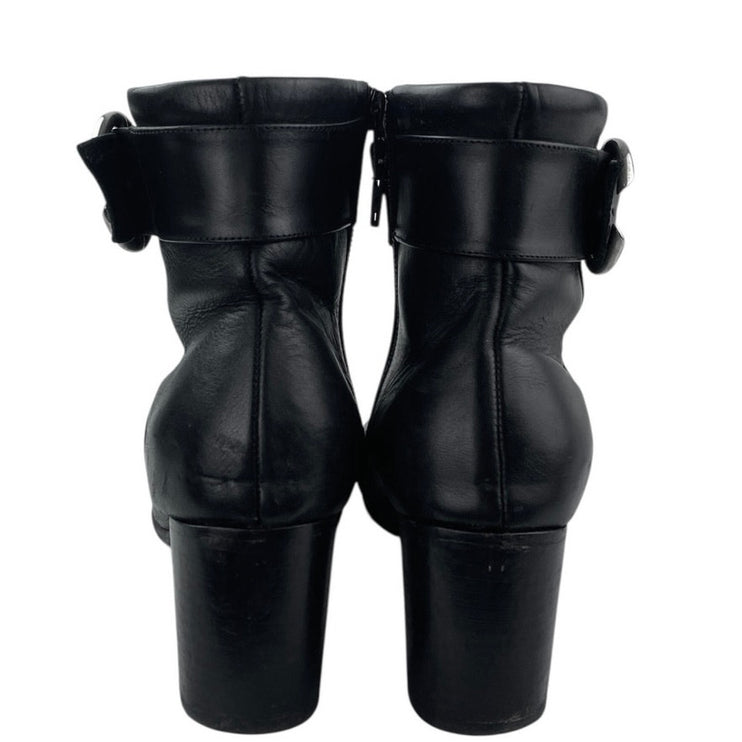 PB Women's Black Leather Almond Toe Buckle Strap Zip Chelsea Ankle Boots Size 8