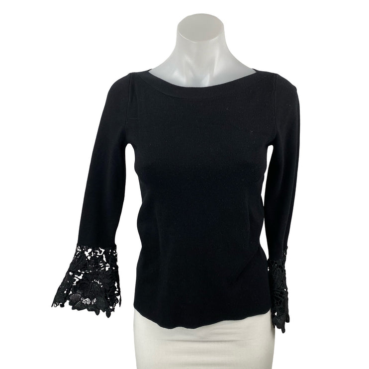 INC International Concepts Black Long Bell Sleeve Floral Lace Blouse Top Size XS