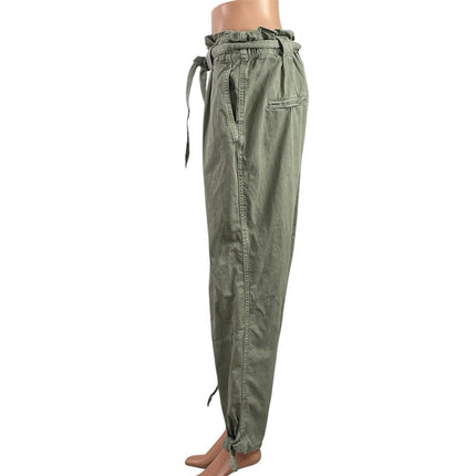 Zara Women's Green High Rise Tie Waist Tapered Paperbag Trousers Pants Size 10