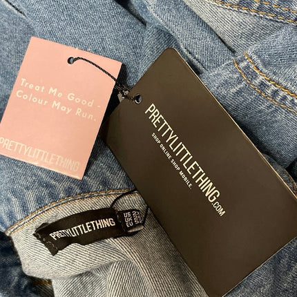 NEW PrettyLittleThing Blue Long Sleeve Button Up Denim Jean Mini Shirt Dress 2X