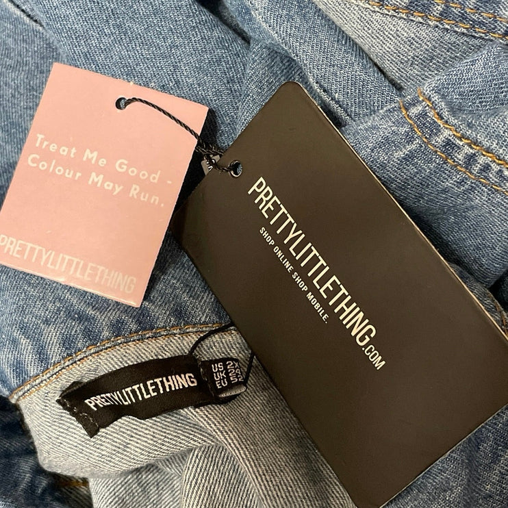 NEW PrettyLittleThing Blue Long Sleeve Button Up Denim Jean Mini Shirt Dress 2X