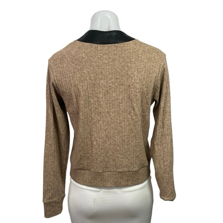 Robertson & Rodeo Tan Black Ribbed Knit V Neck Pocket Cardigan Sweater Top Sz S
