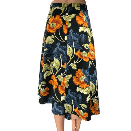 Topshop Navy Blue Multicolor Floral High Waist Asymmetric A Line Midi Skirt Sz 4