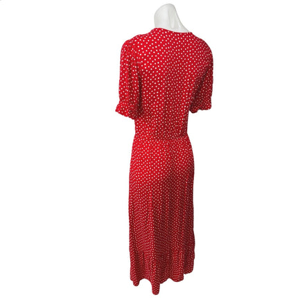 Zara Red Polka Dots V-neck Short Puff Sleeve Ruffle Hem Slit Midi A-line Dress S