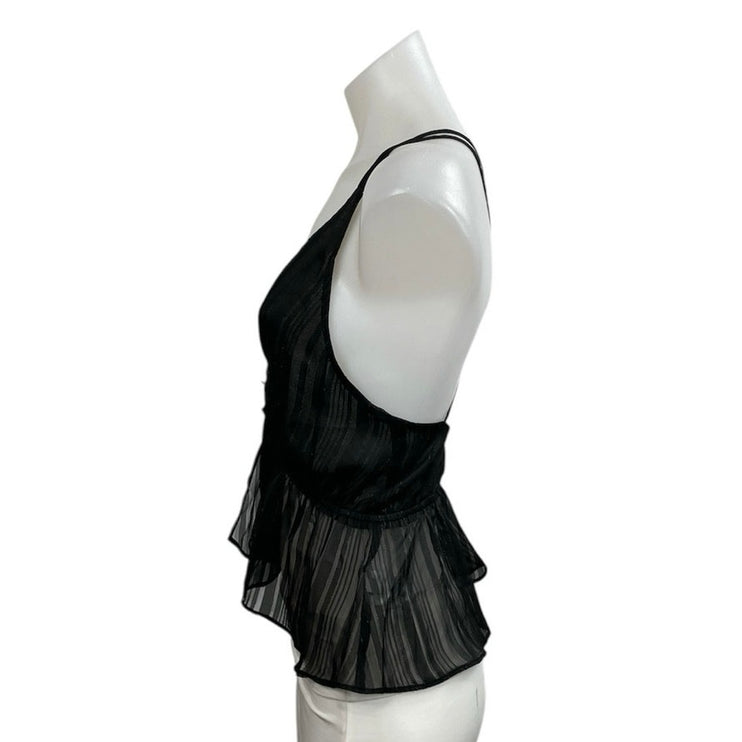 Express Black Sheer Mesh Plisse Deep V Neck Sleeveless Peplum Cami Tank Top Sz S