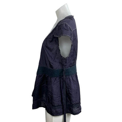 Jaloux 100% Silk Smocked Cap Sleeve Tie Waist Tunic Peplum Cardigan Blouse Top L