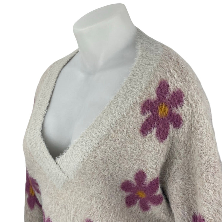 Listicle Women's Beige Floral Fleece V Neck Knit Long Sleeve Sweater Top Size M