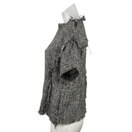 By Lolli J Women's Gray Tweed Fringe Short Sleeve Patchwork Blouse Top Size M