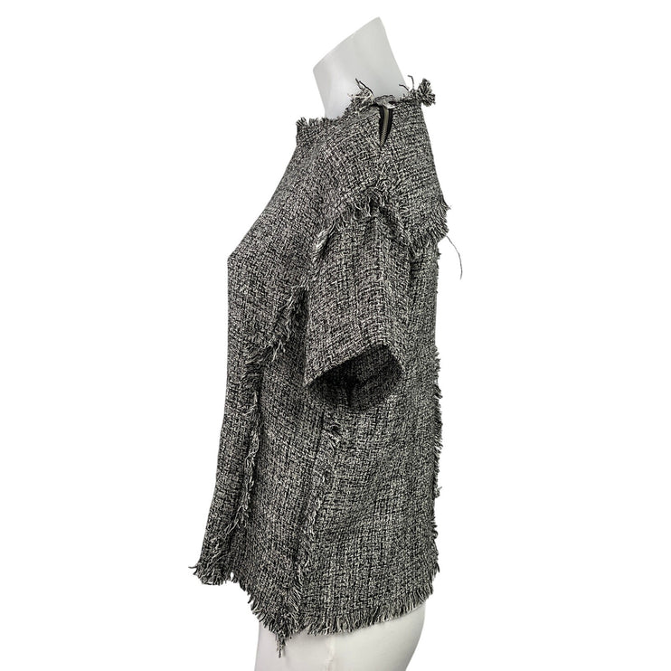 By Lolli J Women's Gray Tweed Fringe Short Sleeve Patchwork Blouse Top Size M