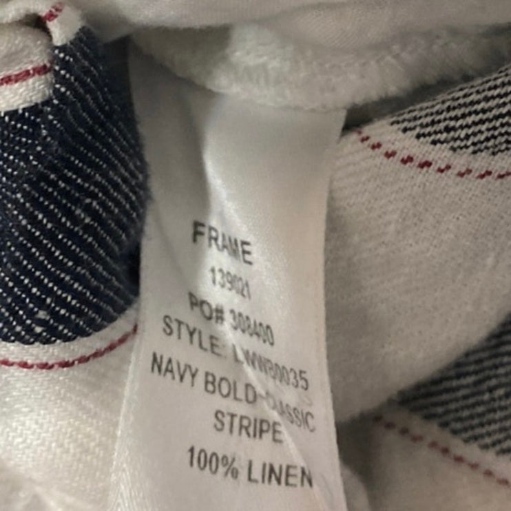 Frame 100% Linen Navy White Striped High Waisted Belted Mini Wide Leg Shorts 0