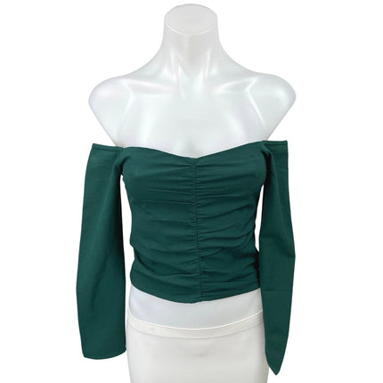 Abercrombie & Fitch Green Off Shoulder Ruched Long Sleeve Crop Blouse Top Sz XS