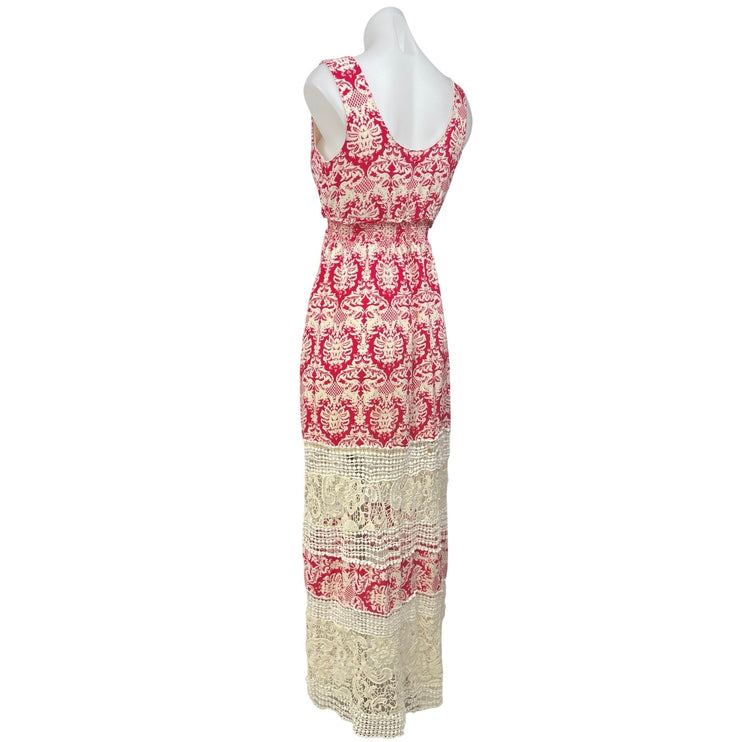 Anthropologie Sunday in Brooklyn Red White Damask Crochet Lace Maxi Dress Sz XS