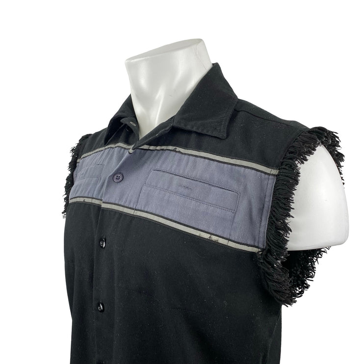 Biker Men's Black Fringe Sleeveless Pocket Colorblock Button Down Shirt Top Sz M