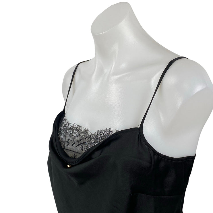 Lulus Women's Black Silky Satin Lace Trim Cowl Neck Sleeveless Cami Tank Top XL