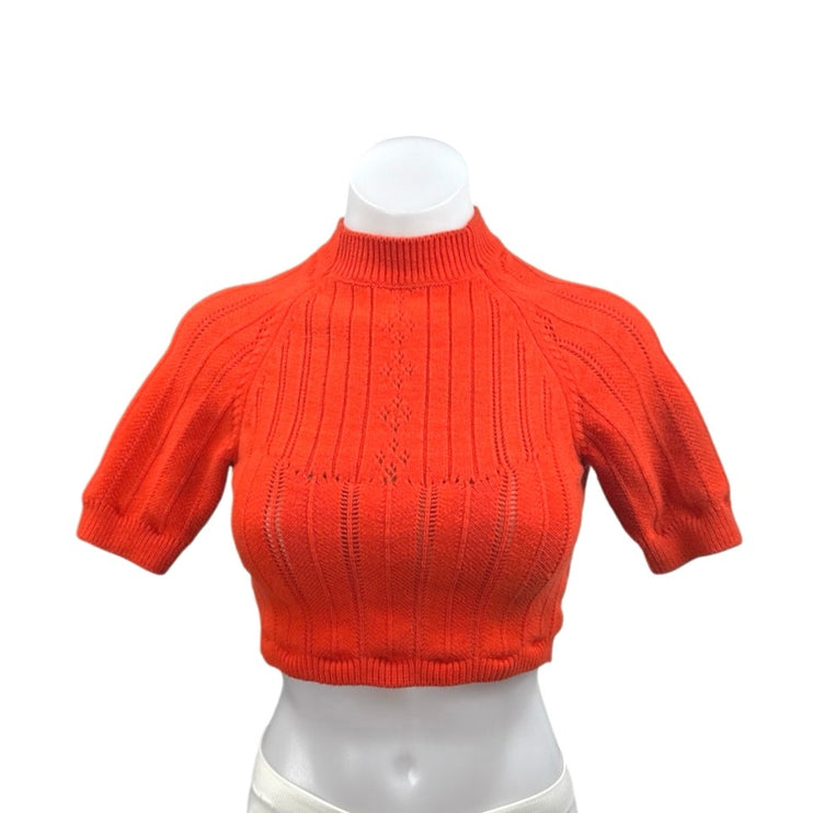 Free People Women's Orange Mock Neck Cutout Back Short Sleeve Crop Sweater Top S