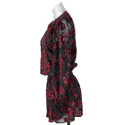 Parker Carmindy Red Black Floral Velvet Burnout Long Sleeve Mini A-Line Dress S