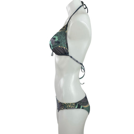 Luxe Savage Green Floral Halter Triangle Two Piece Bikini Swimsuit Swimwear Sz S