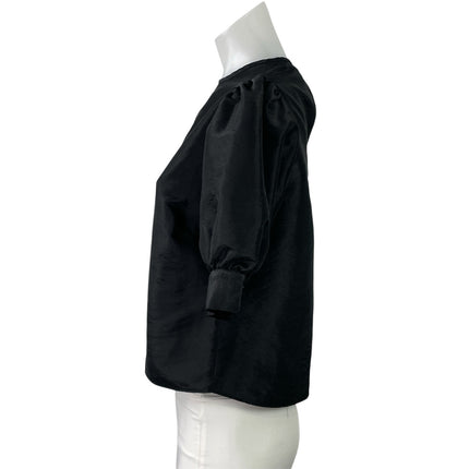 New Look Black Short Puff Sleeve Silk Satin Crew Neck Blouse Crop Top Size 4