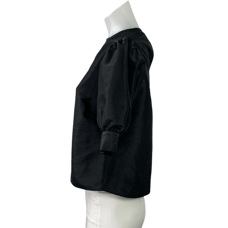 New Look Black Short Puff Sleeve Silk Satin Crew Neck Blouse Crop Top Size 4