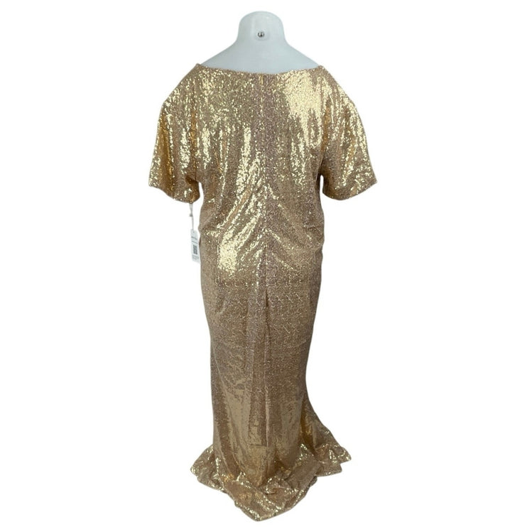 NEW Honey Qiao Sparkly Modest Gold Sequin Short Sleeve Sheath Shift Dress Sz XL