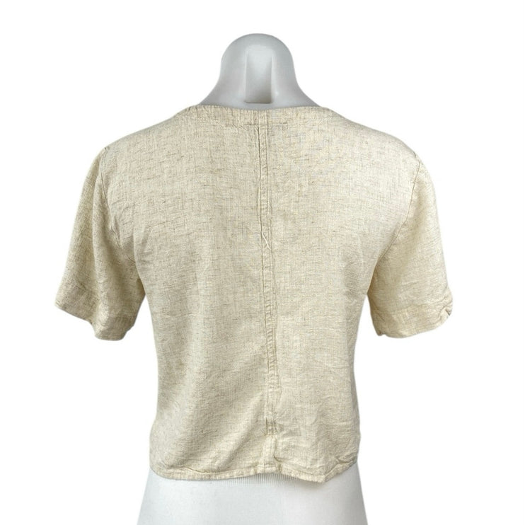 Lilla P Women Yellow Linen Short Sleeve V Neck Button Up Tie Hem Blouse Top Sz S