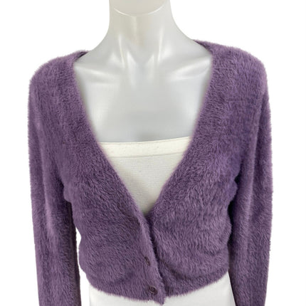 Aritzia Sunday Best Purple Fuzzy Faux Fur Button Crop Cardigan Sweater Top Sz M