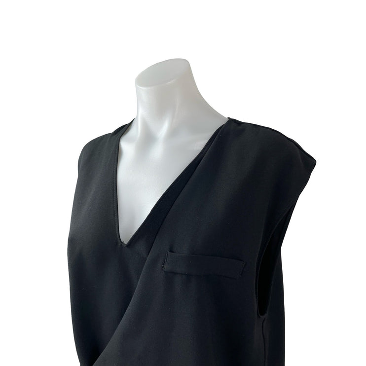 Zara Women's Black Short Cap Sleeve V Neck Tie Wrap Pocket Blouse Top Size L