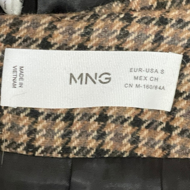 MNG Mango Brown Beige Wool Houndstooth Plaid Pleated Pencil Mini Skirt Size S