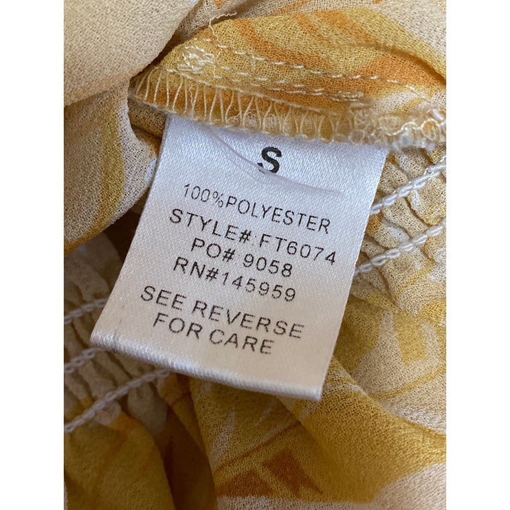 Dress Forum Women's Yellow Leaf Long Sleeve Tie Peplum Ruffle Blouse Top Size S