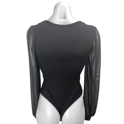 Lulus Black Long Sleeve Mesh Ribbed Knit Sweetheart Blouse Bodycon Top Size S