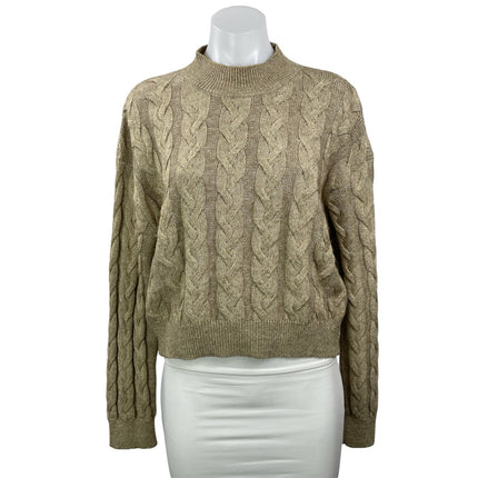 MNG Mango Beige Tan Long Sleeves Cable Knit Mock Neck Pullover Sweater Top Sz L