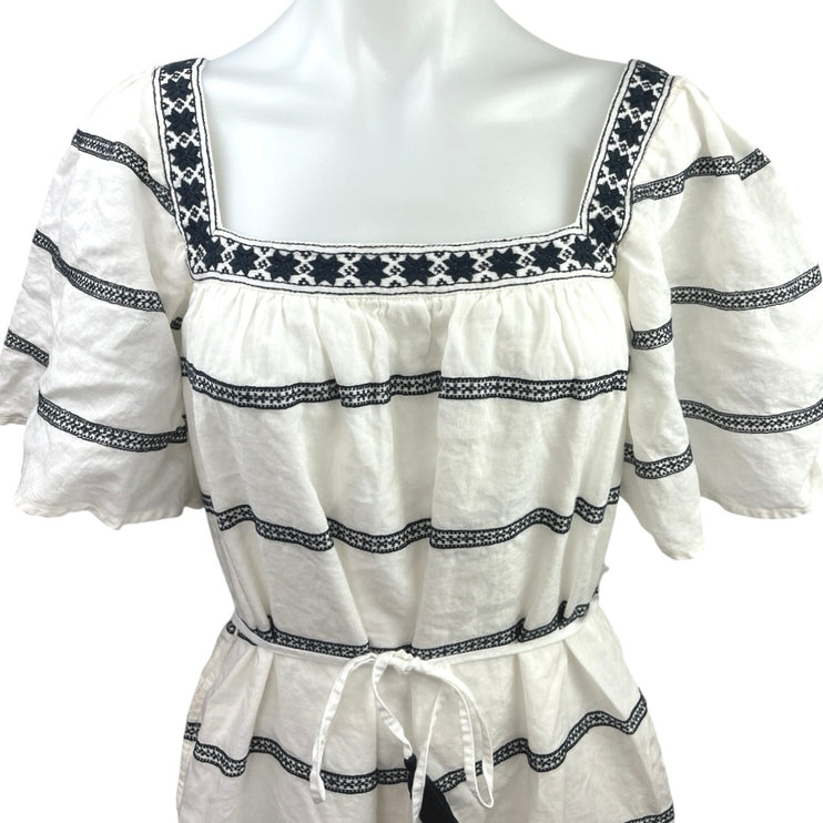 Tory Burch White Black Striped Flutter Boho Peasant Tassel Tie Midi Dress Sz XS