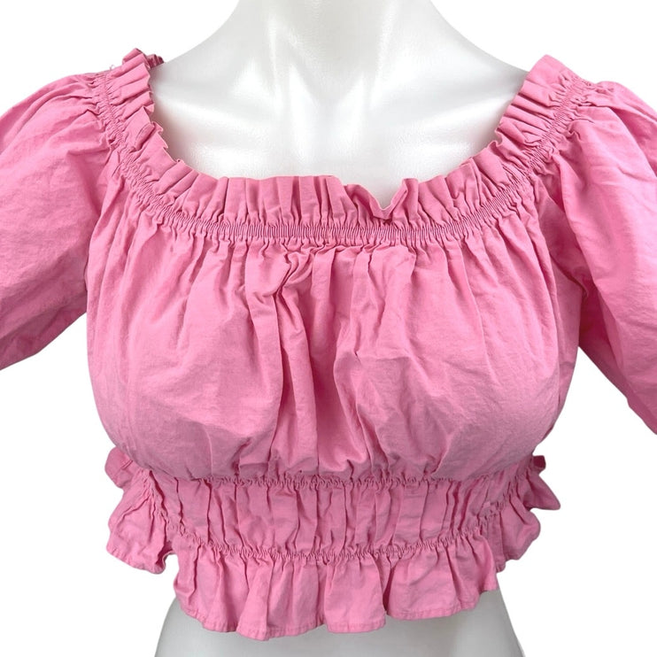 Zara Women's Pink Off The Shoulder Short Puff Sleeve Ruffle Crop Top Size L