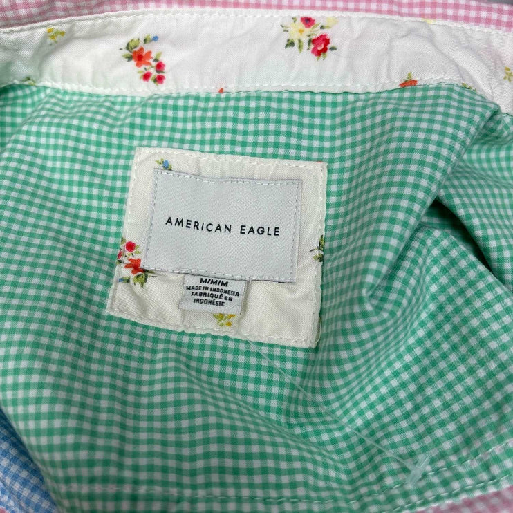 American Eagle Womens Green Blue Pink Gingham Colorblock Button Up Shirt Size M