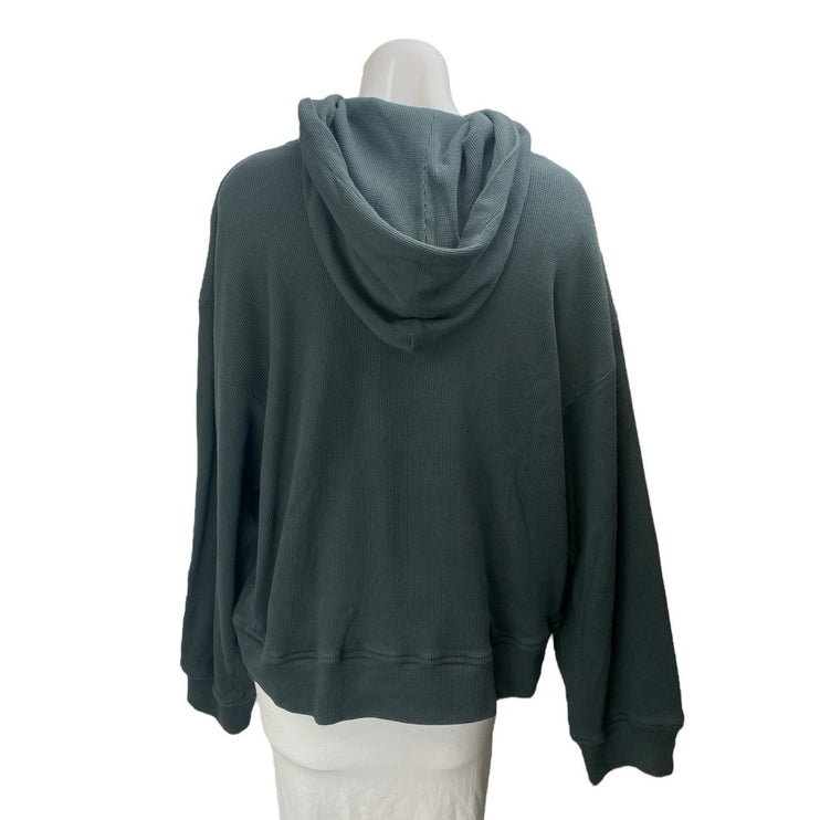 Zful Women's Green Long Sleeve Thermal Waffle Knit Hoodie Hooded Sweatshirt S