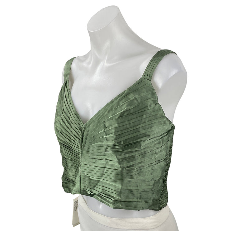 NEW Abercrombie & Fitch Green Silk Satin Pintucked Sleeveless V Neck Crop Top L