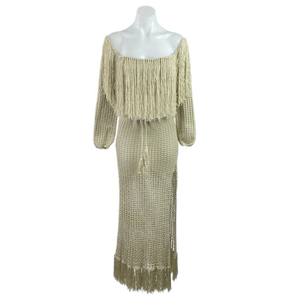 Beige Off The Shoulder Crochet Long Sleeve Boho Knit Fringe Maxi Dress Size S