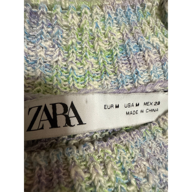 Zara Women Green Purple Knit Long Sleeve Mock Neck Cropped Sweater Top Size M