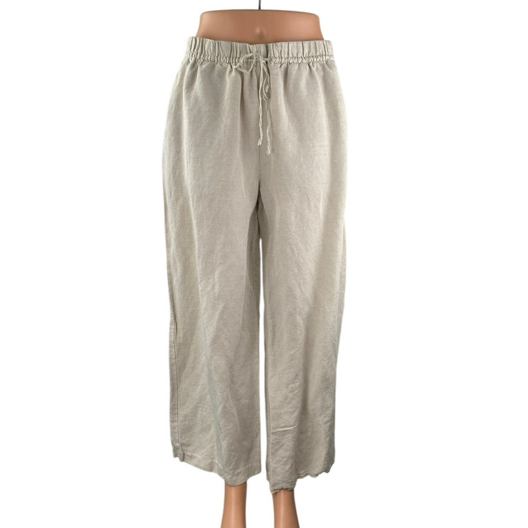 H&M Women's Beige Linen High Waisted Wide Leg Baggy Crop Lounge Trousers Pants M