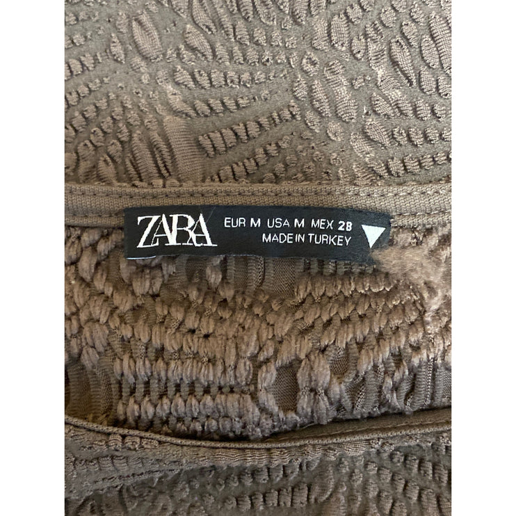 Zara Women's Brown Embossed Textured Long Sleeve Knit Round Neck Crop Top Size M