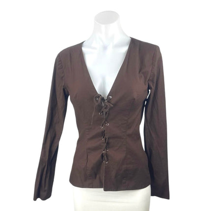 Reformation Caci Women's Brown Lace Up V Neck Long Sleeve Blouse Top Size 4