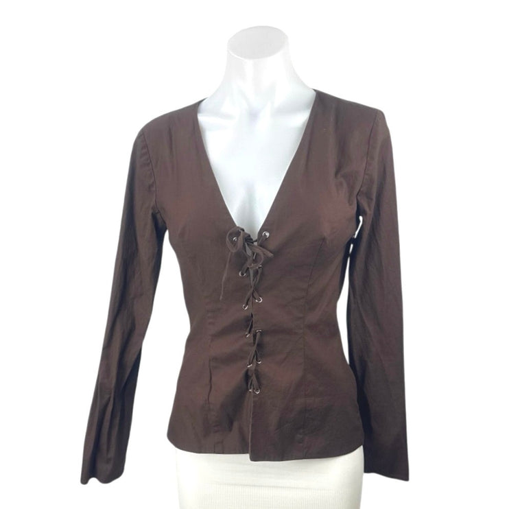 Reformation Caci Women's Brown Lace Up V Neck Long Sleeve Blouse Top Size 4