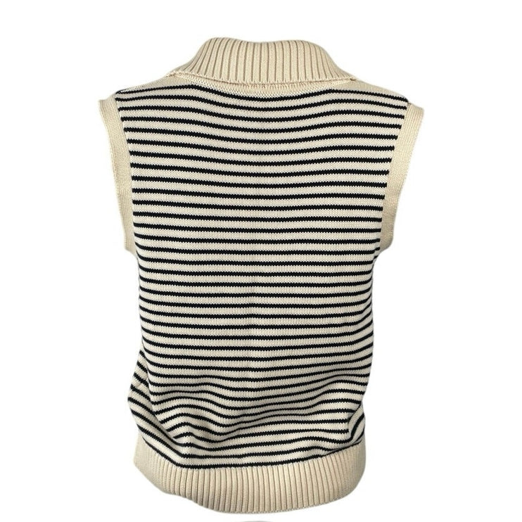 NetWork Women's Cream Black Striped Sleeveless Knit Polo Vest Sweater Top Size S